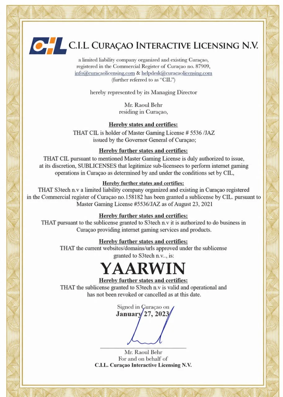 Yaarwin Curaçao gaming license certificate for official platform information
